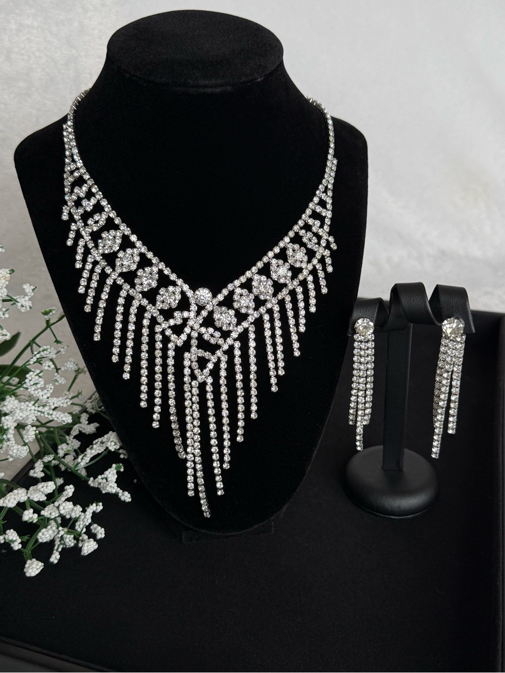 Silver rhinestone zircon Necklace and Earrings Set